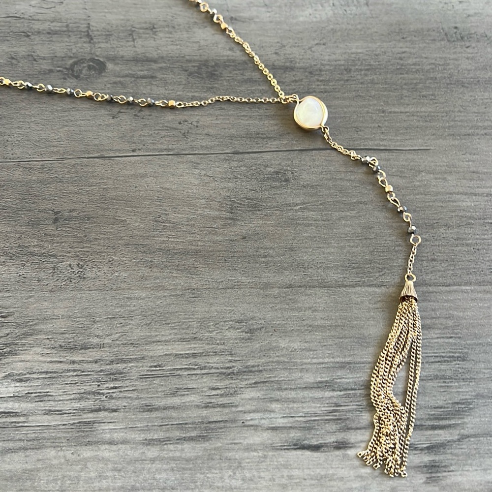 Long beaded mother of pearl gold necklace